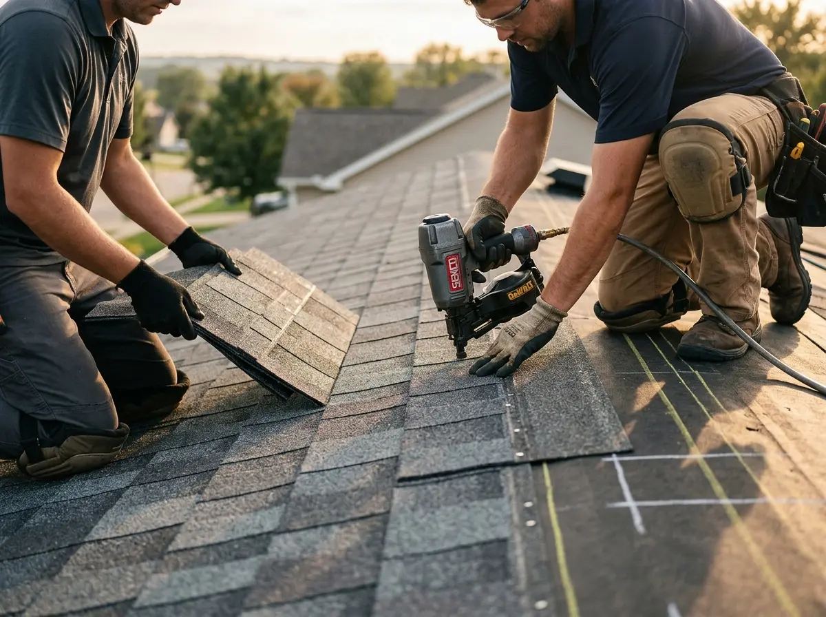 Professional roofer working on a residential roof in Brownsville